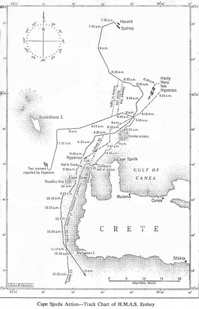 Map showing track of HMAS Sydney during Cape Spada action