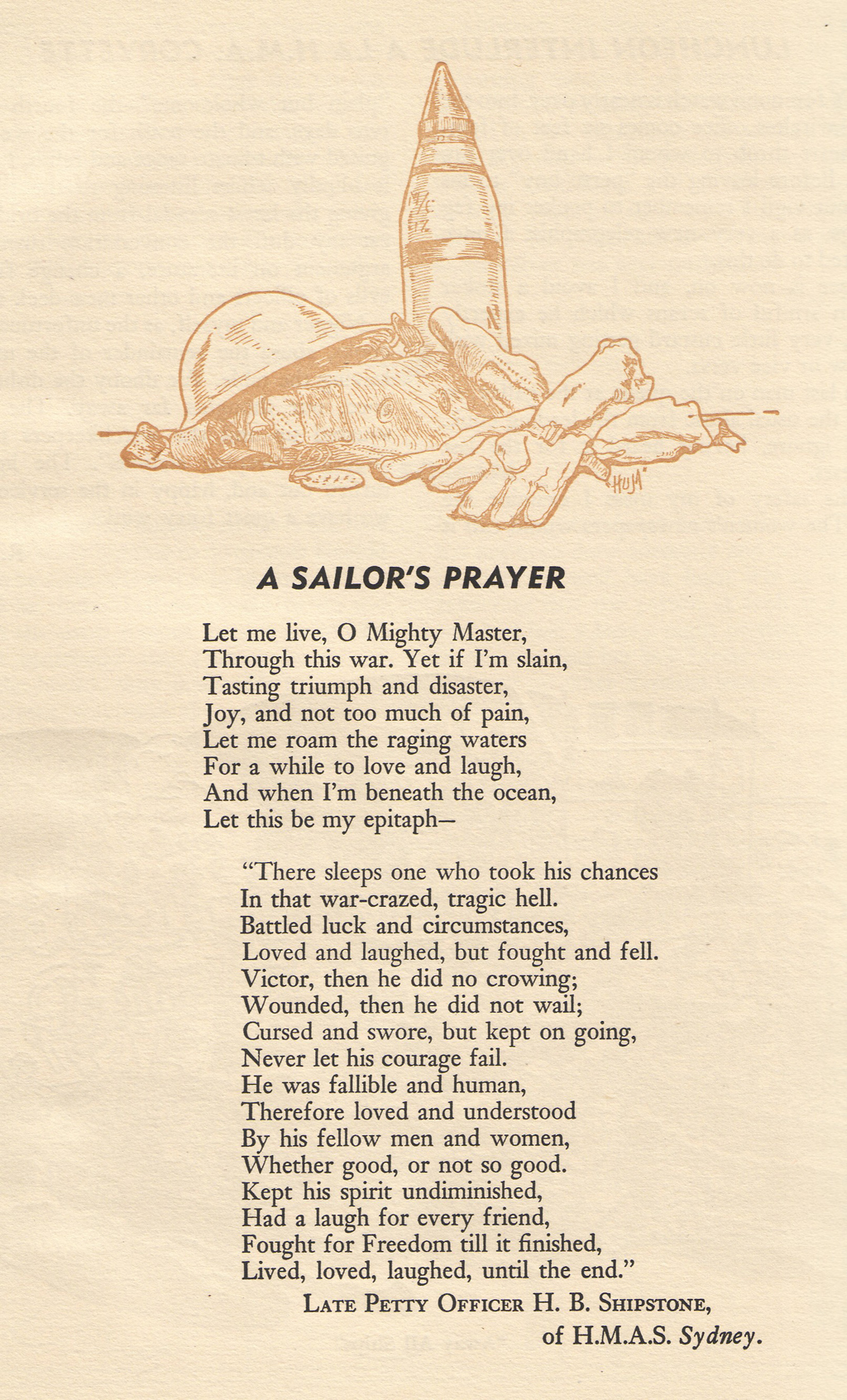 Poem A Sailor's Prayer by Late Petty Officer H.B. Shipstone, of HMAS Sydney II