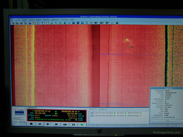 Wide swathe sonar image showing the first detection of the HMAS Sydney wreck and adjacent debris field.