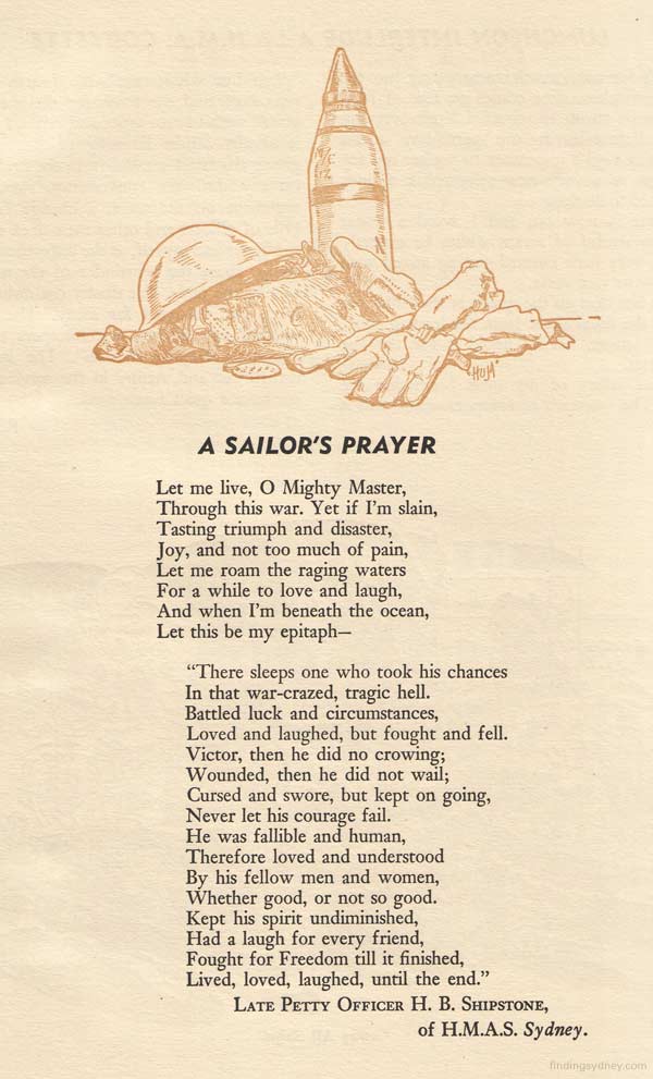 The printed text of the poem 'A Sailor's Prayer' by Petty Officer H.B. Shipstone.