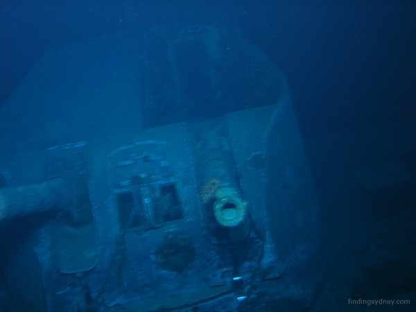 B turret of HMAS Sydney showing a direct hit between the gun barrels and damage to the roof.