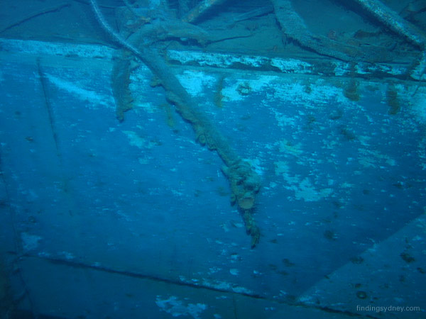 The midships kedge anchor of HMAS Sydney as seen on the seabed.