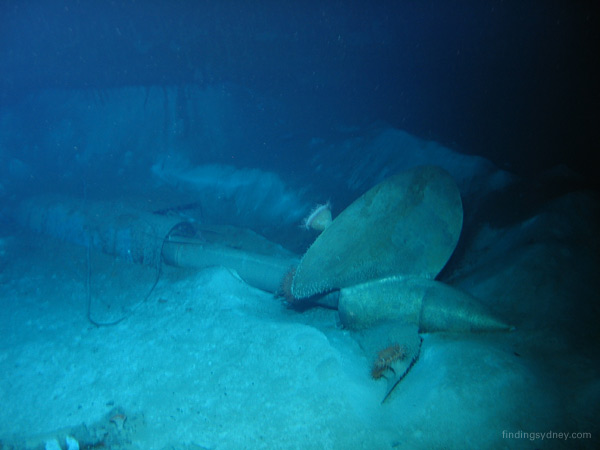 One of the port propellers and shafts of HMAS Sydney, dislocated from the hull on the seabed.
