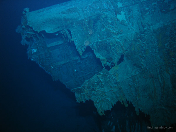 The impact area on the upturned bow section.