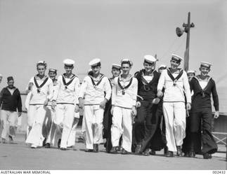 HMAS SYDNEY LIBERTY MEN COME ASHORE FOR WELL DESERVED LEAVE.