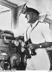 CAPTAIN J. BURNETT RAN ON THE BRIDGE OF HMAS SYDNEY. CAPTAIN BURNETT WAS LOST IN THE SINKING OF THE SYDNEY IN ITS ACTION WITH THE GERMAN AUXILIARY CRUISER KORMORAN ON 1941-11-19.