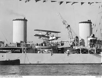 RAAF Seagull V aircraft, serial A2-18, on HMAS Sydney (II). This aircraft was used by the ship at various times from 29 September 1938 through 1940. As the aircraft is not camouflaged, the photograph was taken prior to Sydney's return to Australia in 1941. Note also the ship's paintwork appears almost new and does not have a camouflage pattern.