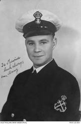 Studio portrait of 24204 Engine Room Artificer 4th Class Douglas William Charles Smith, RAN. Enlisting on 28 March 1940, he served aboard the HMAS Sydney II. He was killed in action, aged 24, on 20 November 1941 when HMAS Sydney sunk off the Western Australian coast while battling with the German auxiliary cruiser, HSK Kormoran, which also sank. The inscription on the image reads "To Maurice luck always from Doug".