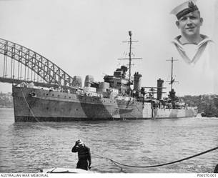 Mounted portrait of HMAS Sydney II berthing in Sydney Harbour, with an imposed image of crew member S5117 Able Seaman (AB) Leonard Denis York, of Arncliffe, NSW. AB York enlisted on 8 April 1935 and was killed in action on 20 November 1941, aged 24, when the Sydney was sunk in the Indian Ocean off the coast of Western Australia by the German Auxiliary Cruiser HSK Kormoran.