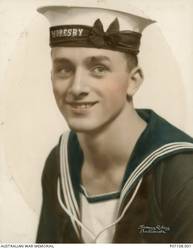 Studio portrait of S/4103 Ordinary Seaman (Ord Sea) Harold Glasby, of Glebe Point, NSW, wearing an HMAS Moresby tally band on his cap. Ord Sea Glasby enlisted on 11 March 1940. He was promoted to able seaman while serving on HMAS Sydney II, and on 20 November 1941 was killed in action, aged 18, when the Sydney was sunk in the Indian Ocean off the coast of Western Australia by the German auxiliary cruiser Kormoran.