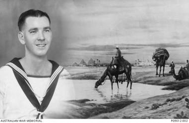 Studio portrait of 23289 Stoker Francis Bernard Keenan, HMAS Sydney, inset into postcard of a desert scene in Egypt. The postcard was sent to his girlfriend Ruth Tobin, with the message 'Greetings and Remembrance from Mr Hyde." (See Reference image). The pseudonym 'Mr Hyde' was a joke between them, Ruth called him Dr Jeckyll and Mr Hyde' and Sto Keenan referred to her as 'Miss Prim and Proper'. An engineer from Carlisle, WA Sto Keenan enlisted in the RAN on 9 June 1939. He was killed in action, aged 25, when HMAS Sydney II was sunk in the Indian Ocean by the German auxiliary cruiser Kormoran on 20 November 1941. Following the sinking of the Sydney, Ruth Tobin enlisted in the Australian Special Wireless Group where she worked as an enemy intercept 'kana' operator, trained to intercept and transcribe the katakana, the Japanese writing system used for morse code.