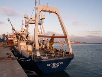 View of the stern of the Geosounder docked at Geraldton