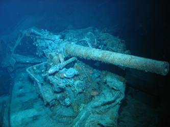 P1 4-inch gun at forward end of gun deck port side