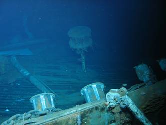 Quarterdeck bollards port side aft. Capstan in background