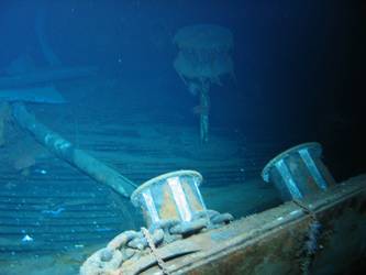 Quarterdeck bollards port side aft. Capstan in background