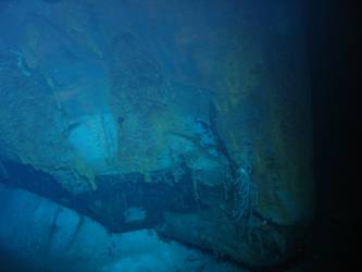 Ship's stern bent and buckled on seabed