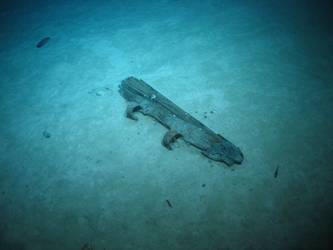 Wooden post with metal hinges. Possibly rudder post from boat