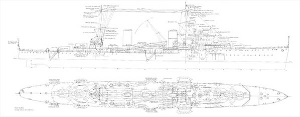 Schematics for the HMAS Sydney (II) Detailed schematics of the HMAS Sydney showing top and side elevations.