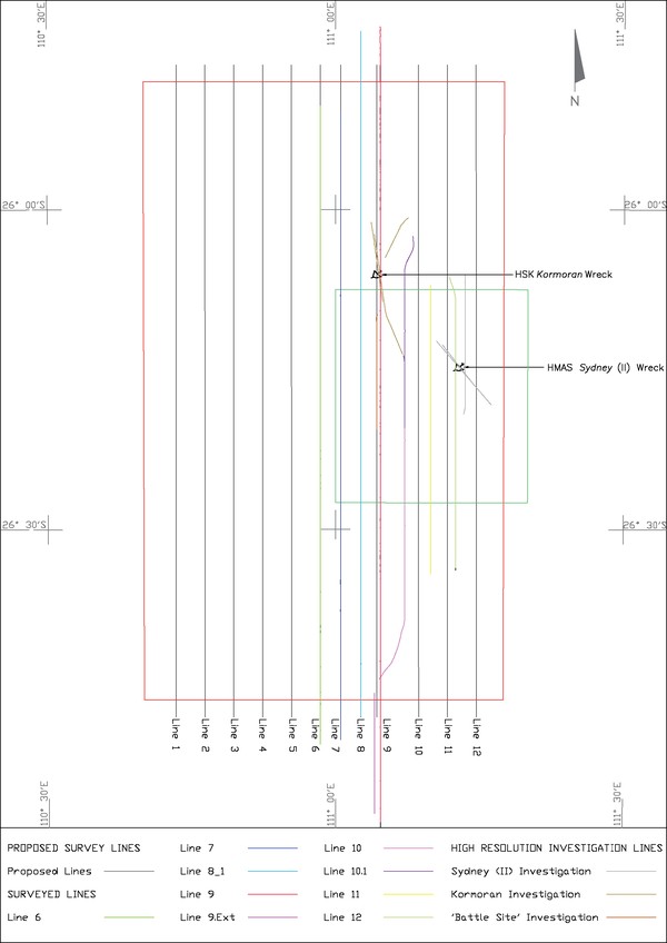 Survey line plan showing proposed and surveyed run-lines.