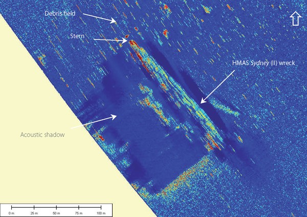Swath sonar image with annotations