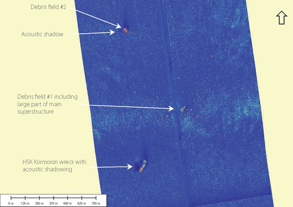 Swath sonar image with annotations